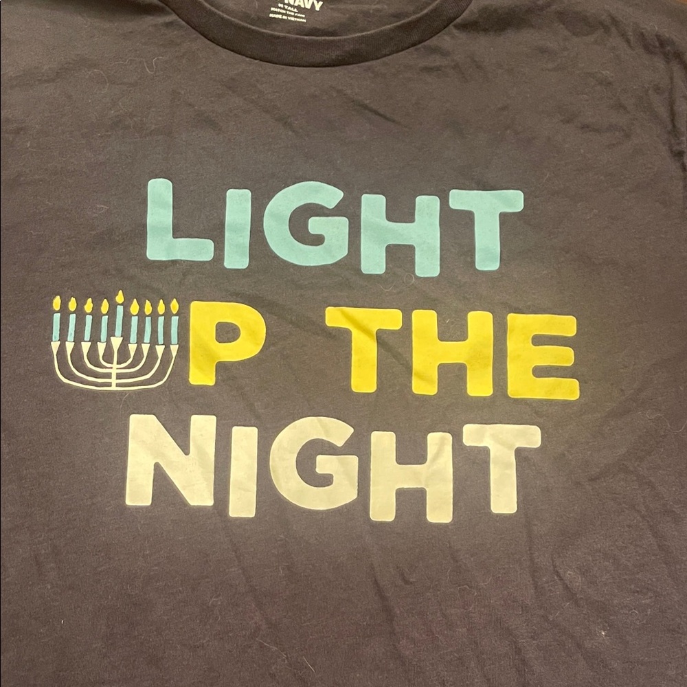 Hanukkah Old Navy Navy Blue light up the night T-Shirt medium Tall euc